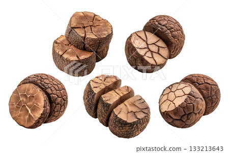 Set of black winter truffles isolated on white transparent background, great for culinary and gourmet themes Set of black winter truffles isolated on white transparent background, great for culinary and gourmet themes 133213643