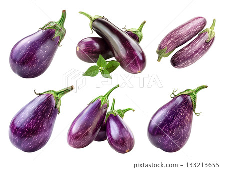 A single striped Italian purple eggplant is isolated on a white background 133213655