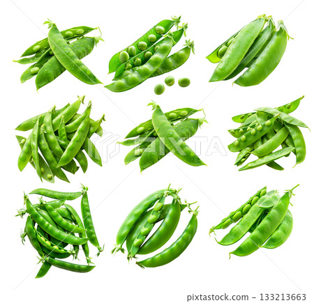 Fresh green peas with leaves in open pods isolated on a white background Fresh green peas with leaves in open pods isolated on a white background 133213663