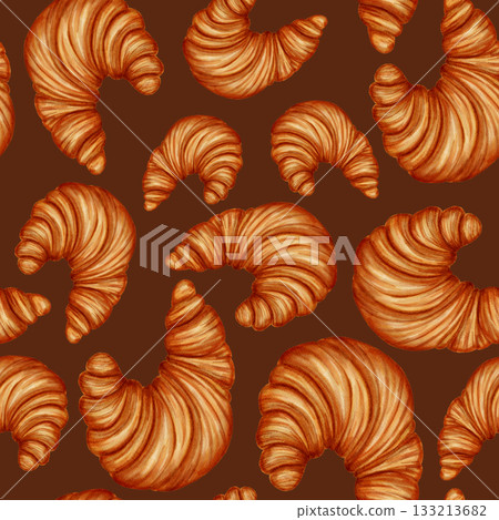 Watercolor seamless pattern with hand-drawn croissants. Perfect for bakeries, cafes, packaging, branding, menu design, cookbooks, and recipes. Dessert. Baked goods. Watercolor seamless pattern with hand-drawn croissants. Perfect for bakeries, cafes, packaging, branding, menu design, cookbooks, and recipes. Dessert. Baked goods. 133213682