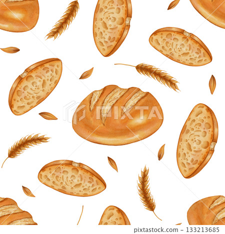 Seamless watercolor bread pattern with wheat and grains. White wheat bread. Perfect for bakeries, cafes, packaging, menus, food branding, and packaging. Hand-drawn illustration of baked goods. 133213685