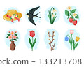 A charming spring-themed set of flowers, berries, a bird, and a hat. Bright gradient vector cartoon illustration with tulips and birds. 133213708
