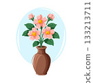 A bouquet of pink flowers in a brown vase, drawn as a cozy and decorative vector cartoon illustration. 133213711