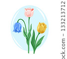 A trio of spring flowers, pink, blue, and yellow tulips. Vibrant and colorful vector cartoon illustration of different flowers. Elegant bouquet. 133213712