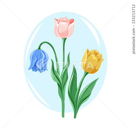 A trio of spring flowers, pink, blue, and yellow tulips. Vibrant and colorful vector cartoon illustration of different flowers. Elegant bouquet. 133213712
