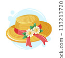 A charming straw hat decorated with flowers and a red ribbon. Warm and cheerful spring vector cartoon illustration. 133213720