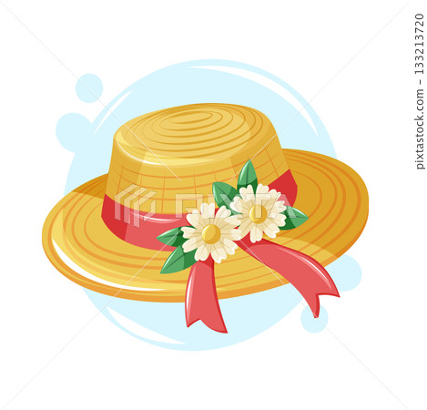 A charming straw hat decorated with flowers and a red ribbon. Warm and cheerful spring vector cartoon illustration. 133213720