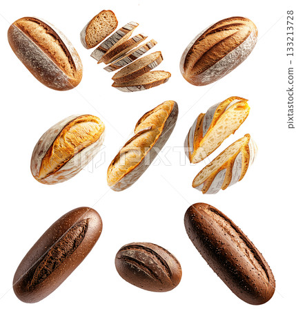 Assortment of different fresh bread loaves and slices on white background. Concept of bakery goods, food variety and freshness 133213728