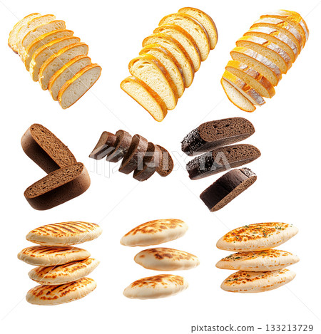 Various types of sliced flatbreads, rye breads, and white loaves on white background, concept of bakery and food variety 133213729
