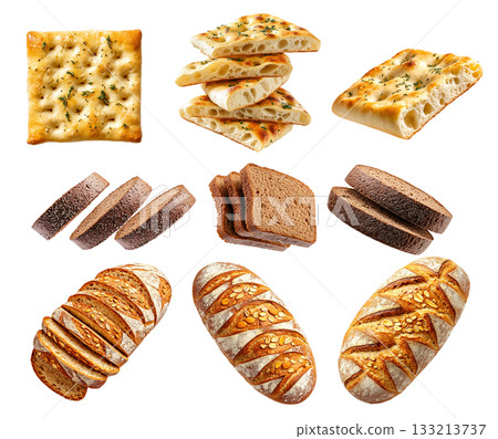 Various types of bread including focaccia, sliced rye, whole loaves with seeds, on white background, concept of bakery variety 133213737