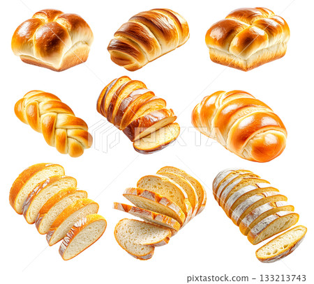 Assorted challah bread loaves and slices in style on white background, concept of traditional baking and fresh bakery 133213743