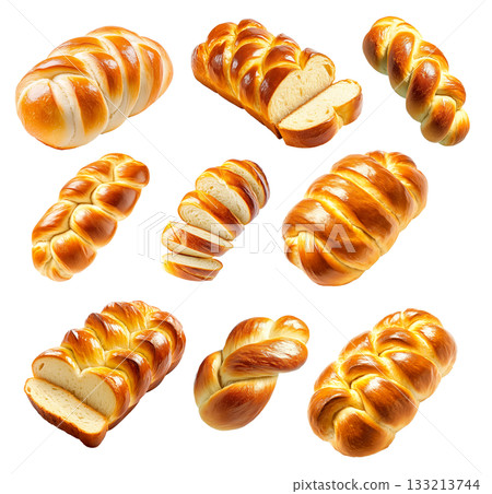 Set of baked braided Challah Jewish bread loaf with a golden crust, isolated on white transparent background Set of baked braided Challah Jewish bread loaf with a golden crust, isolated on white transparent background 133213744