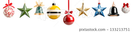 Various Christmas ornaments including baubles, stars, pine cone isolated on white background, New Yeaw and Christmas holidays Various Christmas ornaments including baubles, stars, pine cone isolated on white background, New Yeaw and Christmas holidays 133213751