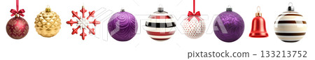 Various Christmas ornaments including baubles, stars, pine cone isolated on white background, New Yeaw and Christmas holidays Various Christmas ornaments including baubles, stars, pine cone isolated on white background, New Yeaw and Christmas holidays 133213752