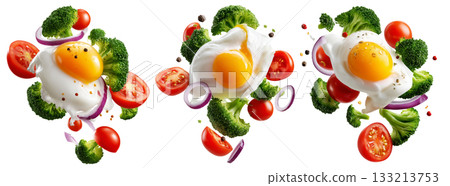 Fried egg, broccoli florets, cherry tomatoes, and onion rings floating mid-air, isolated on white transparent background Fried egg, broccoli florets, cherry tomatoes, and onion rings floating mid-air, isolated on white transparent background 133213753