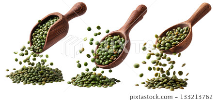 Green lentils falling from rustic wooden scoop, isolated on white background, concept of natural food and legumes Green lentils falling from rustic wooden scoop, isolated on white background, concept of natural food and legumes 133213762