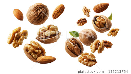 Whole and cracked walnuts with almonds and fresh green leaves, isolated on white background, concept of healthy eating Whole and cracked walnuts with almonds and fresh green leaves, isolated on white background, concept of healthy eating 133213764