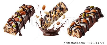 Chocolate coated nut protein energy fitness bar topped with almonds, cashews, walnuts, and chocolate drizzle on white 133213771