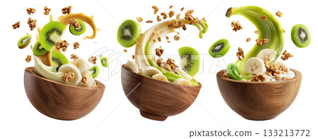 Fresh banana, kiwi, crunchy walnuts and granola with creamy yogurt smoothie splash in wooden bowl isolated on white background Fresh banana, kiwi, crunchy walnuts and granola with creamy yogurt smoothie splash in wooden bowl isolated on white background 133213772