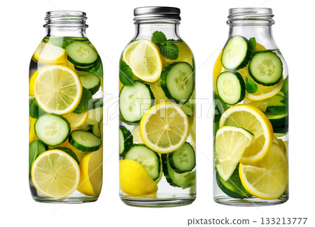 Sliced lemon, cucumber, and mint in glass jar with water splashing, isolated on white transparent background Sliced lemon, cucumber, and mint in glass jar with water splashing, isolated on white transparent background 133213777