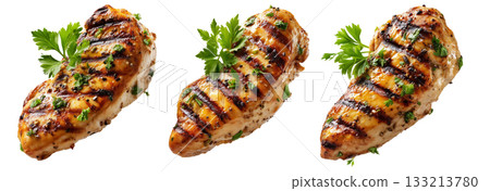 Grilled chicken breast garnished with herbs isolated on white background. Concept of healthy food and cooking simplicity 133213780