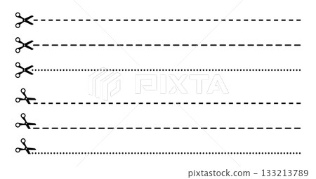 Paper cutting line. Dotted coupon border with scissors icon. Dashed strip for school templates, tickets, and labels. 133213789