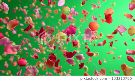五彩繽紛的花瓣飄落在綠幕上 五彩繽紛的花瓣飄落在綠幕上 133213790