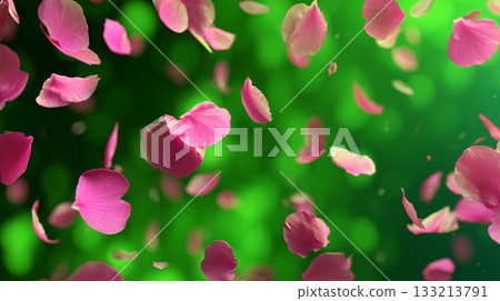 Pink petals falling on a green background 133213791