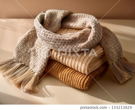 一條冬日圍巾,背景是柔和的中性色。 一條冬日圍巾,背景是柔和的中性色。 133213829