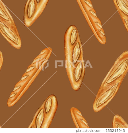 Seamless watercolor bread pattern. White French baguette. Perfect for bakeries, cafes, packaging, menus, food branding, and packaging. Hand-drawn illustration of baked goods. Seamless watercolor bread pattern. White French baguette. Perfect for bakeries, cafes, packaging, menus, food branding, and packaging. Hand-drawn illustration of baked goods. 133213943