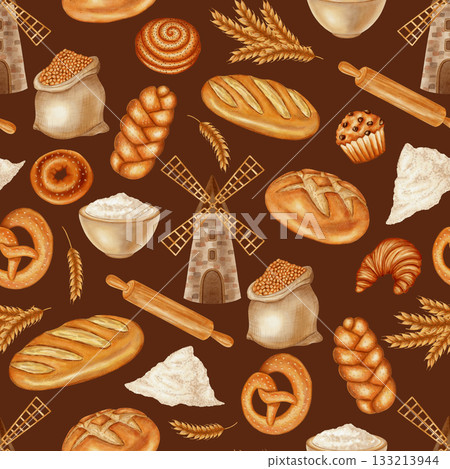 Watercolor seamless pattern with bread, pastries, flour, and a mill. Perfect for bakeries, cafes, packaging, branding, menu design, cookbooks, and recipes. Harvest. Bakery products. Watercolor seamless pattern with bread, pastries, flour, and a mill. Perfect for bakeries, cafes, packaging, branding, menu design, cookbooks, and recipes. Harvest. Bakery products. 133213944