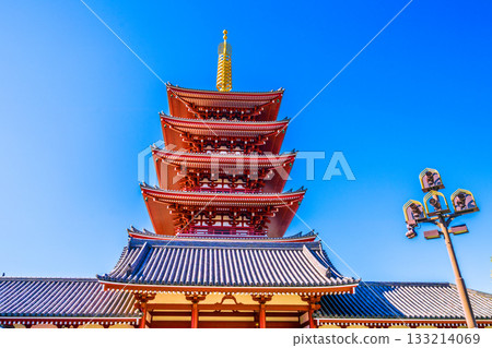 Tokyo cityscape in Japan, including the five-story pagoda of Sensoji Temple. Inbound tourism continues...Tokyo under clear blue skies (November 17th) 133214069