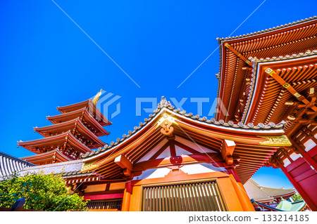 Tokyo cityscape in Japan, including the five-story pagoda of Sensoji Temple. Inbound tourism continues...Tokyo under clear blue skies (November 17th) 133214185