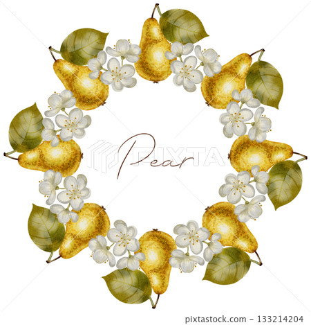 Watercolor botanical wreath featuring ripe pears, white blossoms, and green leaves. Perfect as a frame or logo element for wedding stationery, textile, packaging, and healthy food brands. 133214204