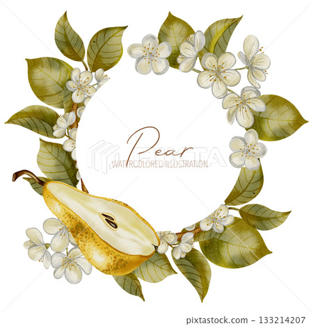 Watercolor botanical wreath featuring ripe pears, white blossoms, and green leaves. Perfect as a frame or logo element for wedding stationery, textile, packaging, and healthy food brands. Watercolor botanical wreath featuring ripe pears, white blossoms, and green leaves. Perfect as a frame or logo element for wedding stationery, textile, packaging, and healthy food brands. 133214207