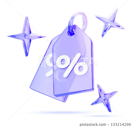 3d glass holographic flash sale price tag icon render. Purple blue gradient discount label with percent sign and sparkling stars on white background. Special offer tag hanging on ring. 3D illustration 3d glass holographic flash sale price tag icon render. Purple blue gradient discount label with percent sign and sparkling stars on white background. Special offer tag hanging on ring. 3D illustration 133214209