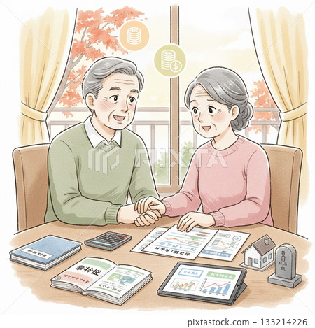 Illustration of an elderly couple discussing end-of-life planning 133214226