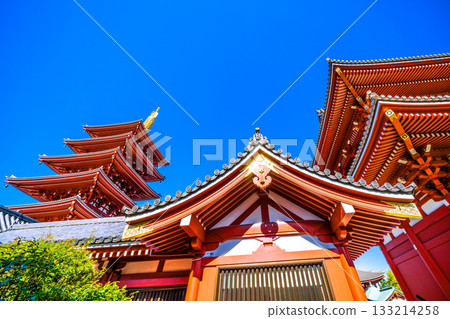 Tokyo cityscape in Japan, including the five-story pagoda of Sensoji Temple. Inbound tourism continues...Tokyo under clear blue skies (November 17th) 133214258