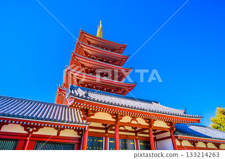 Tokyo cityscape in Japan, including the five-story pagoda of Sensoji Temple. Inbound tourism continues...Tokyo under clear blue skies (November 17th) 133214263
