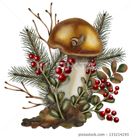Watercolor illustration of an autumn forest, porcini mushrooms and autumn leaves, berries, and pine cones. Autumn still life. Children's illustration. Suitable for books, packaging, postcards. Watercolor illustration of an autumn forest, porcini mushrooms and autumn leaves, berries, and pine cones. Autumn still life. Children's illustration. Suitable for books, packaging, postcards. 133214293