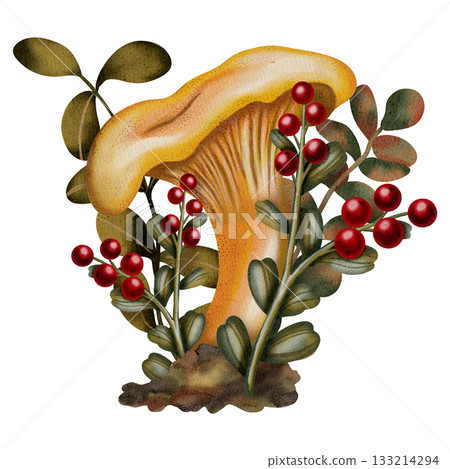 Watercolor illustration of autumn forest chanterelle mushrooms with autumn leaves and a pine cone. Children's illustration. Suitable for books, packaging, postcards and children's clothing. Watercolor illustration of autumn forest chanterelle mushrooms with autumn leaves and a pine cone. Children's illustration. Suitable for books, packaging, postcards and children's clothing. 133214294