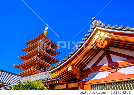 Tokyo cityscape in Japan, including the five-story pagoda of Sensoji Temple. Inbound tourism continues...Tokyo under clear blue skies (November 17th) 133214298