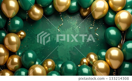 Gorgeous background frame 8 decorated with green and gold balloons 133214308