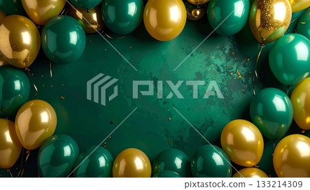 Gorgeous background frame 7 decorated with green and gold balloons Gorgeous background frame 7 decorated with green and gold balloons 133214309