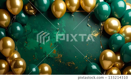 Gorgeous background frame 4 decorated with green and gold balloons 133214310