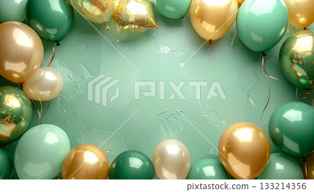 華麗的背景框 1，飾以黃綠色和金色氣球 133214356