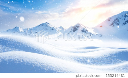 Skiing and winter images: A spectacular view of snowy fields and beautiful winter mountains under blue skies and shining sunshine 133214481