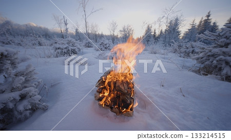 Crackling Campfire in the Winter Foggy Mountains , Harsh Atmosphere , Authentic Place Crackling Campfire in the Winter Foggy Mountains , Harsh Atmosphere , Authentic Place 133214515
