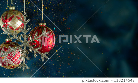 Christmas Decoration with Colored Shiny Balls and Glitters . Close-up 133214542