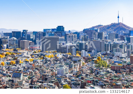 Autumn view of Namsan Tower and Seoul city from Mount Inwang, South Korea 133214617